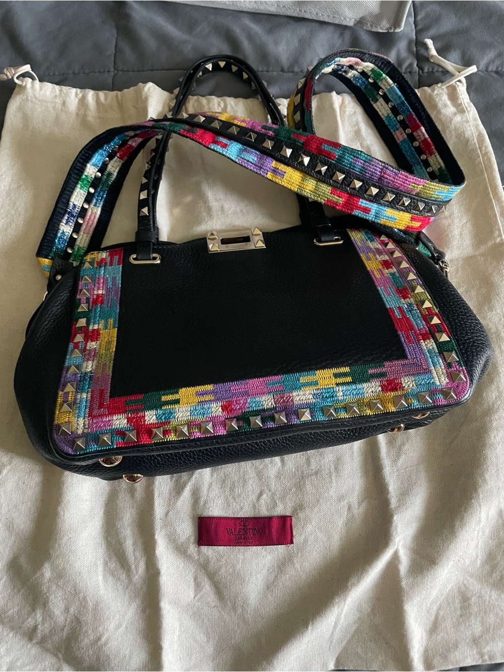 Valentino Black Leather Shoulder Bag with Multicolor Embroidered Trim